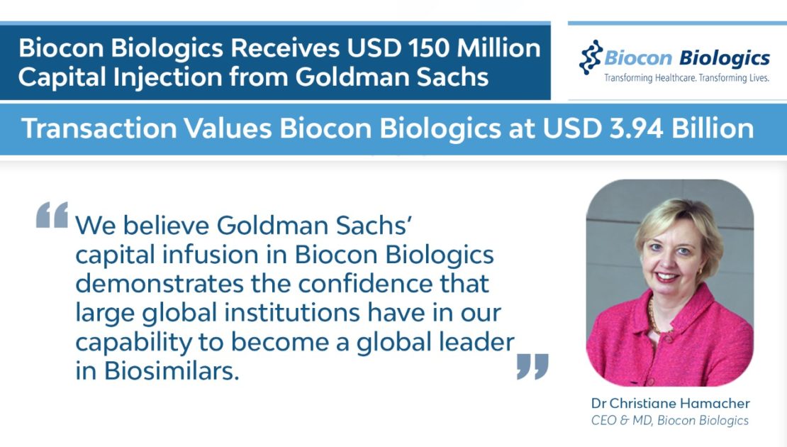 Biocon Biologics Receives USD 150 Million Capital Injection from Goldman Sachs