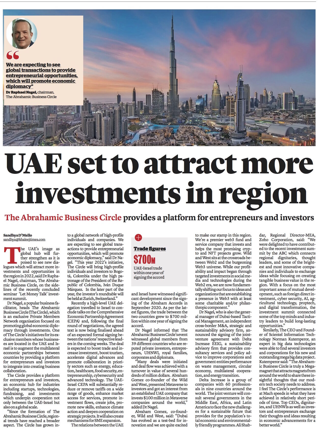 UAE set to attract more investments in region, says Dr Nagel – The Abrahamic Business Circle provides a platform for entrepreneurs and investors.