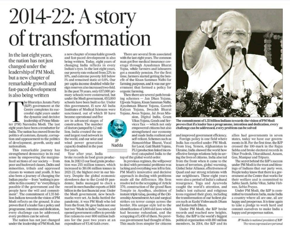 2014-22: A story of transformation – make India a happy and prosperous nation.