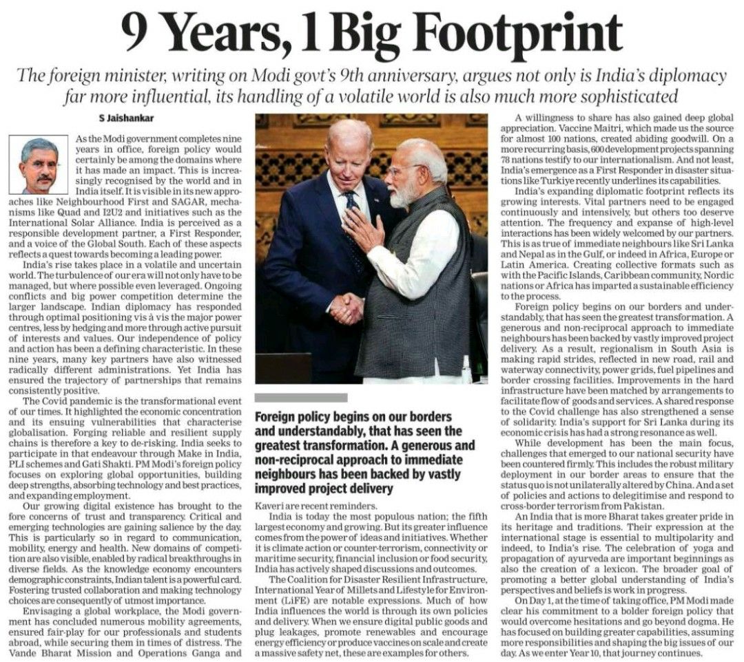 9 years, 1 big footprint EAM Dr S Jaishankar India’s diplomatic influence has witnessed a major rise since 2014 : US Pioneer Global VC DIFCHQ Riyadh UAE-Singapore Norway Swiss Our Mind